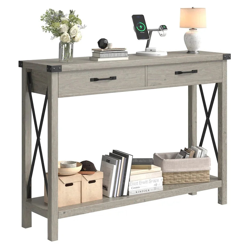 Consolle con struttura in metallo effetto legno grigio e 2 cassetti