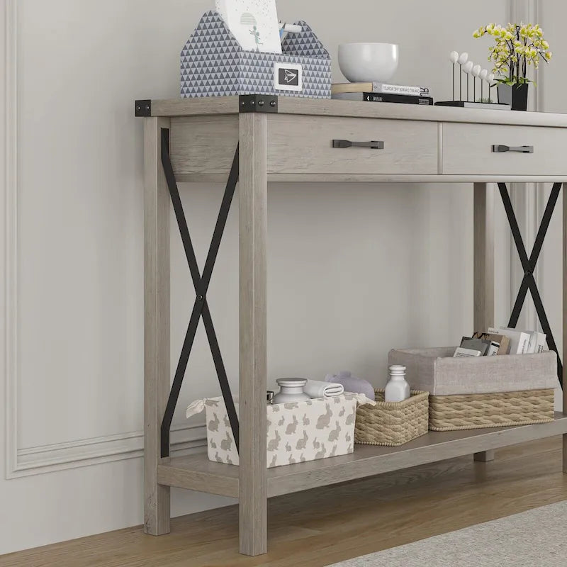 Consolle con struttura in metallo effetto legno grigio e 2 cassetti