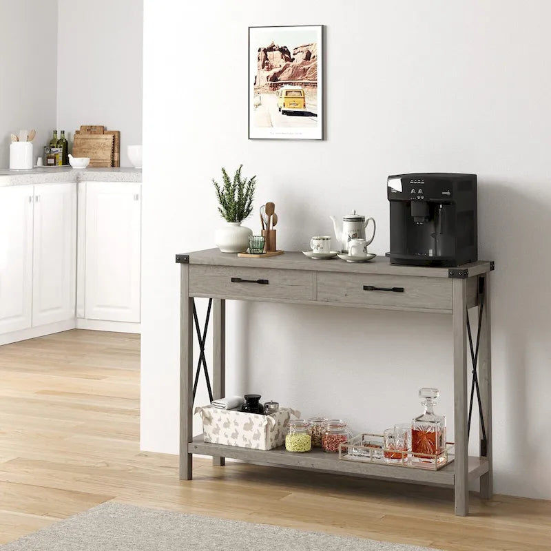 Consolle con struttura in metallo effetto legno grigio e 2 cassetti