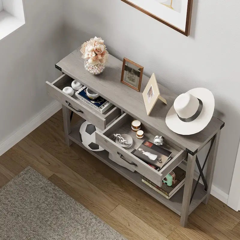 Consolle con struttura in metallo effetto legno grigio e 2 cassetti