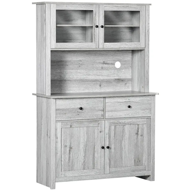 Dispensa per cucina in legno rustico con ante in vetro e cassetti
