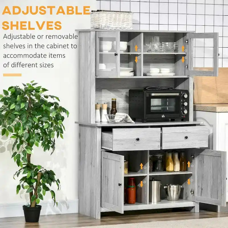 Dispensa per cucina in legno rustico con ante in vetro e cassetti