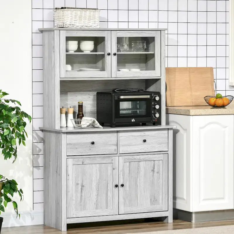 Dispensa per cucina in legno rustico con ante in vetro e cassetti