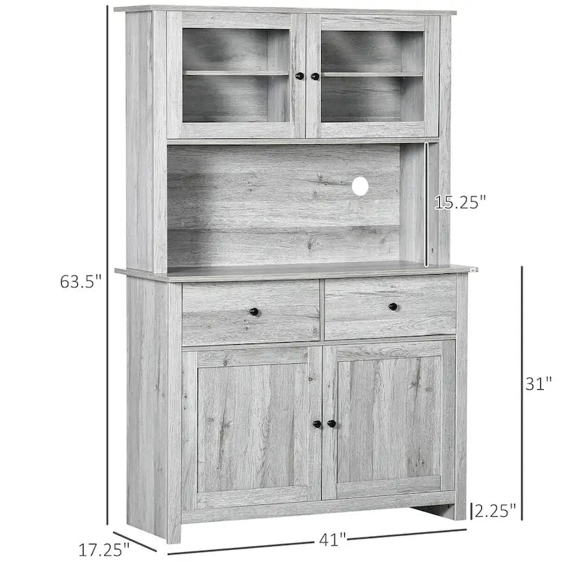 Dispensa per cucina in legno rustico con ante in vetro e cassetti