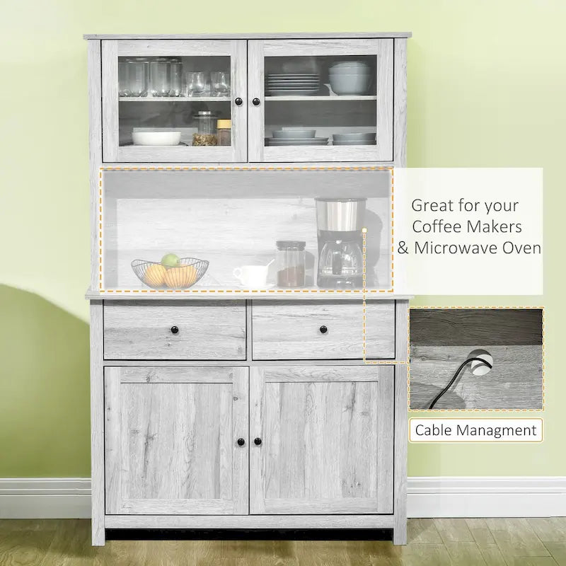 Dispensa per cucina in legno rustico con ante in vetro e cassetti
