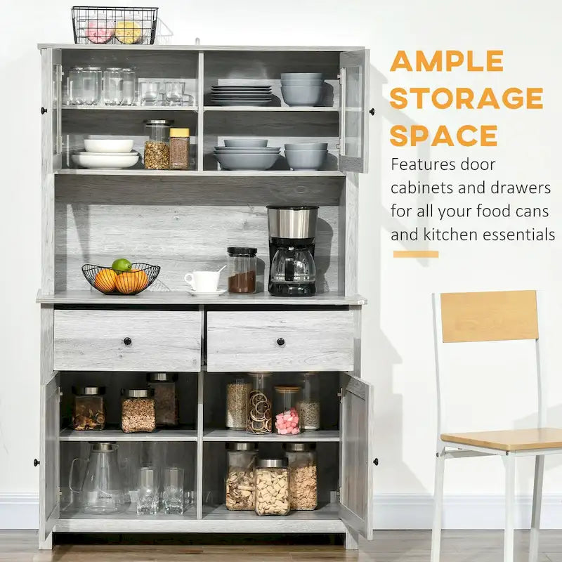 Dispensa per cucina in legno rustico con ante in vetro e cassetti