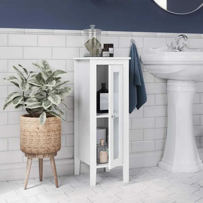 Pensile da bagno con anta singola e vetro scanalato e ancoraggio a muro regolabile