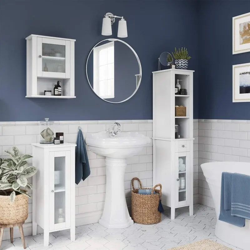 Pensile da bagno con anta singola e vetro scanalato e ancoraggio a muro regolabile