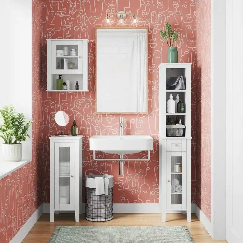 Pensile da bagno con anta singola e vetro scanalato e ancoraggio a muro regolabile