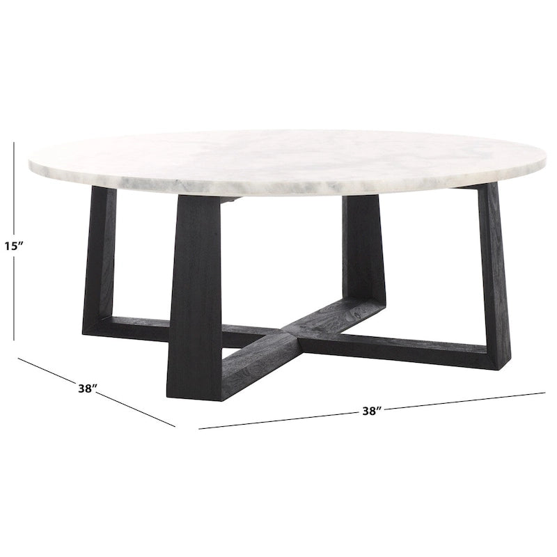 Tavolino da caffè rotondo in marmo bianco con gambe in legno – Bianco/Naturale, Bianco/Nero