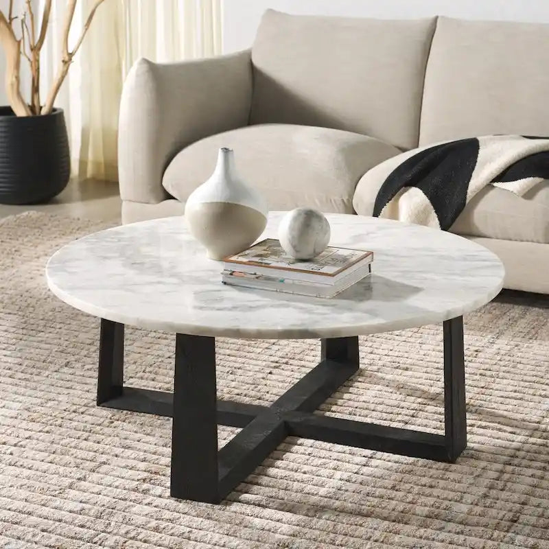 Tavolino da caffè rotondo in marmo bianco con gambe in legno – Bianco/Naturale, Bianco/Nero