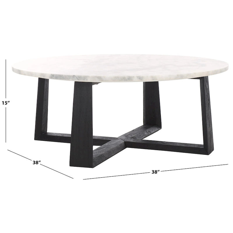 Tavolino da caffè rotondo in marmo bianco con gambe in legno – Bianco/Naturale, Bianco/Nero