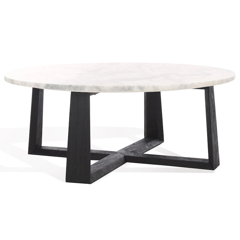 Tavolino da caffè rotondo in marmo bianco con gambe in legno – Bianco/Naturale, Bianco/Nero