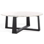 Tavolino da caffè rotondo in marmo bianco con gambe in legno – Bianco/Naturale, Bianco/Nero