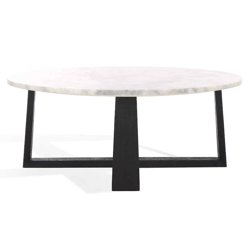 Tavolino da caffè rotondo in marmo bianco con gambe in legno – Bianco/Naturale, Bianco/Nero