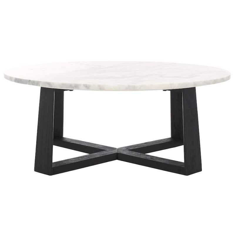 Tavolino da caffè rotondo in marmo bianco con gambe in legno – Bianco/Naturale, Bianco/Nero