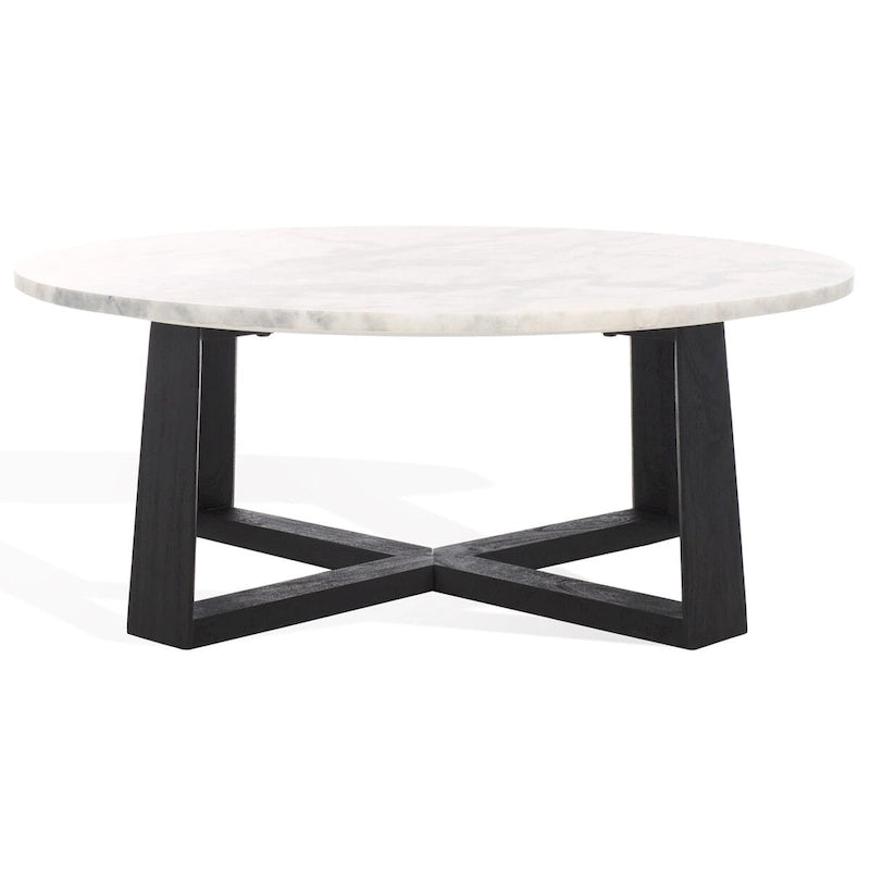 Tavolino da caffè rotondo in marmo bianco con gambe in legno – Bianco/Naturale, Bianco/Nero