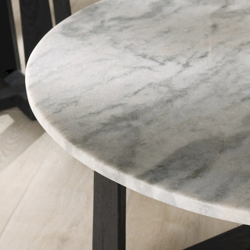Tavolino da caffè rotondo in marmo bianco con gambe in legno – Bianco/Naturale, Bianco/Nero