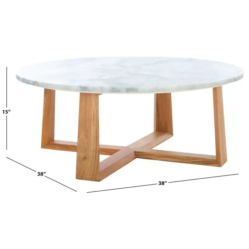Tavolino da caffè rotondo in marmo bianco con gambe in legno – Bianco/Naturale, Bianco/Nero