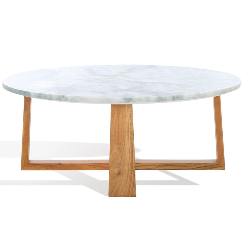 Tavolino da caffè rotondo in marmo bianco con gambe in legno – Bianco/Naturale, Bianco/Nero