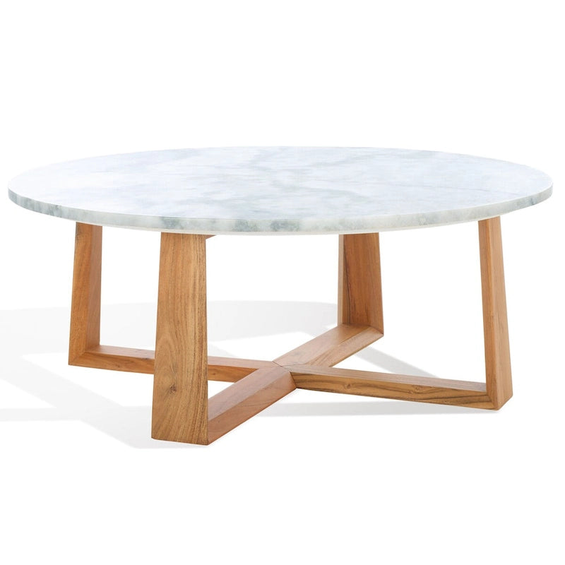 Tavolino da caffè rotondo in marmo bianco con gambe in legno – Bianco/Naturale, Bianco/Nero