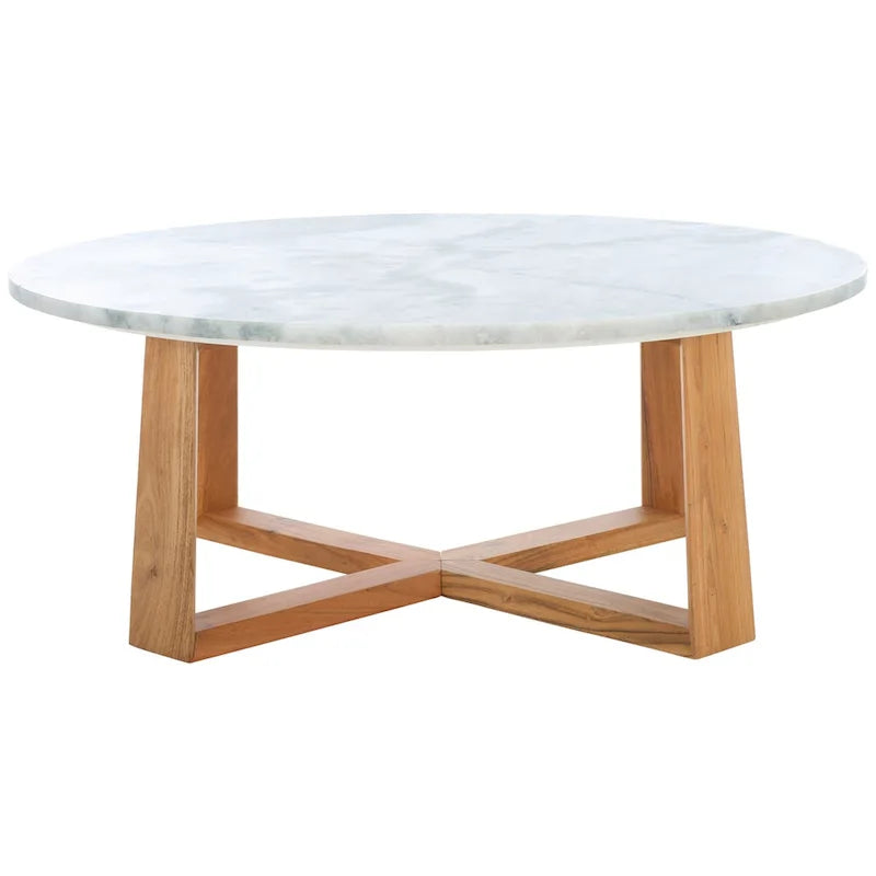 Tavolino da caffè rotondo in marmo bianco con gambe in legno – Bianco/Naturale, Bianco/Nero