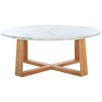 Tavolino da caffè rotondo in marmo bianco con gambe in legno – Bianco/Naturale, Bianco/Nero