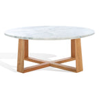 Tavolino da caffè rotondo in marmo bianco con gambe in legno – Bianco/Naturale, Bianco/Nero