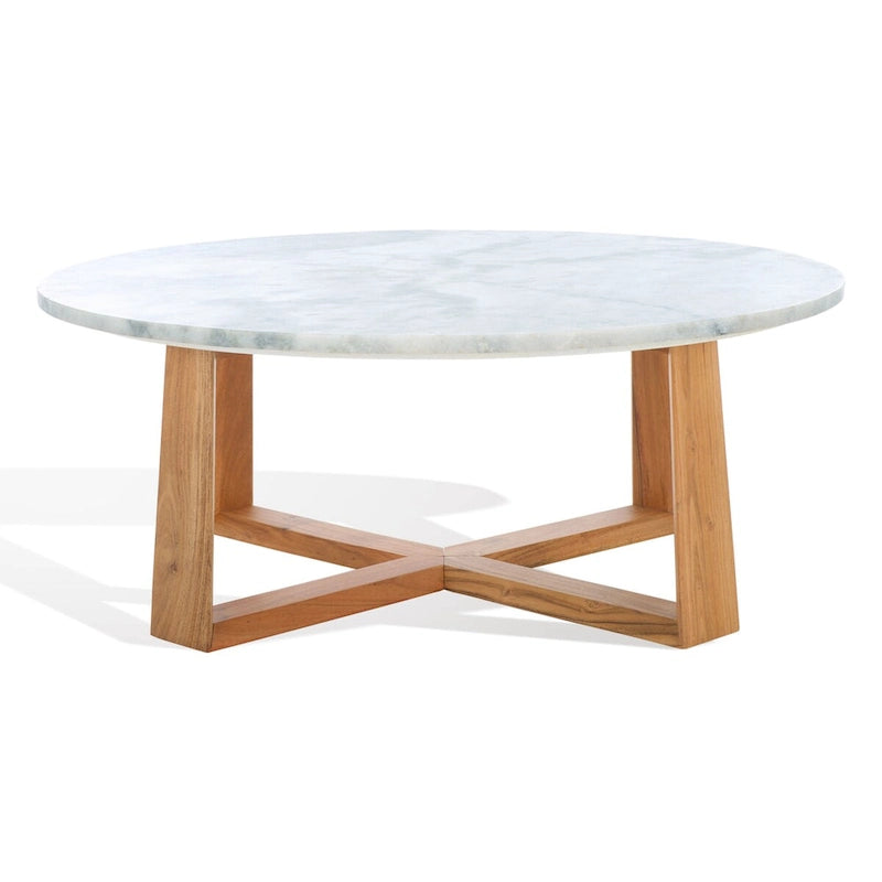 Tavolino da caffè rotondo in marmo bianco con gambe in legno – Bianco/Naturale, Bianco/Nero