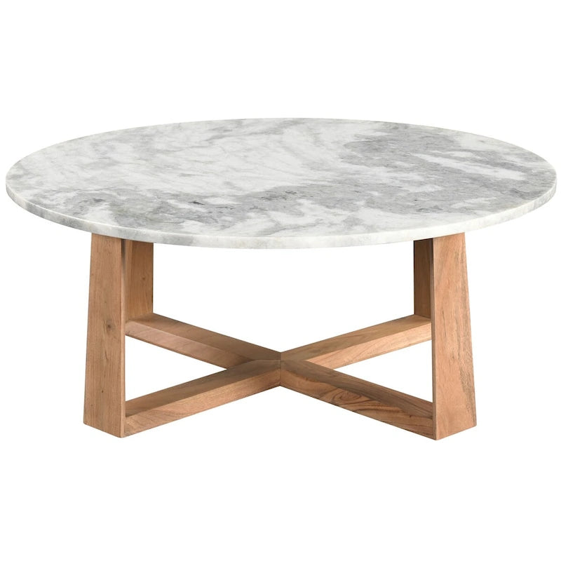Tavolino da caffè rotondo in marmo bianco con gambe in legno – Bianco/Naturale, Bianco/Nero