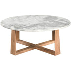 Tavolino da caffè rotondo in marmo bianco con gambe in legno – Bianco/Naturale, Bianco/Nero